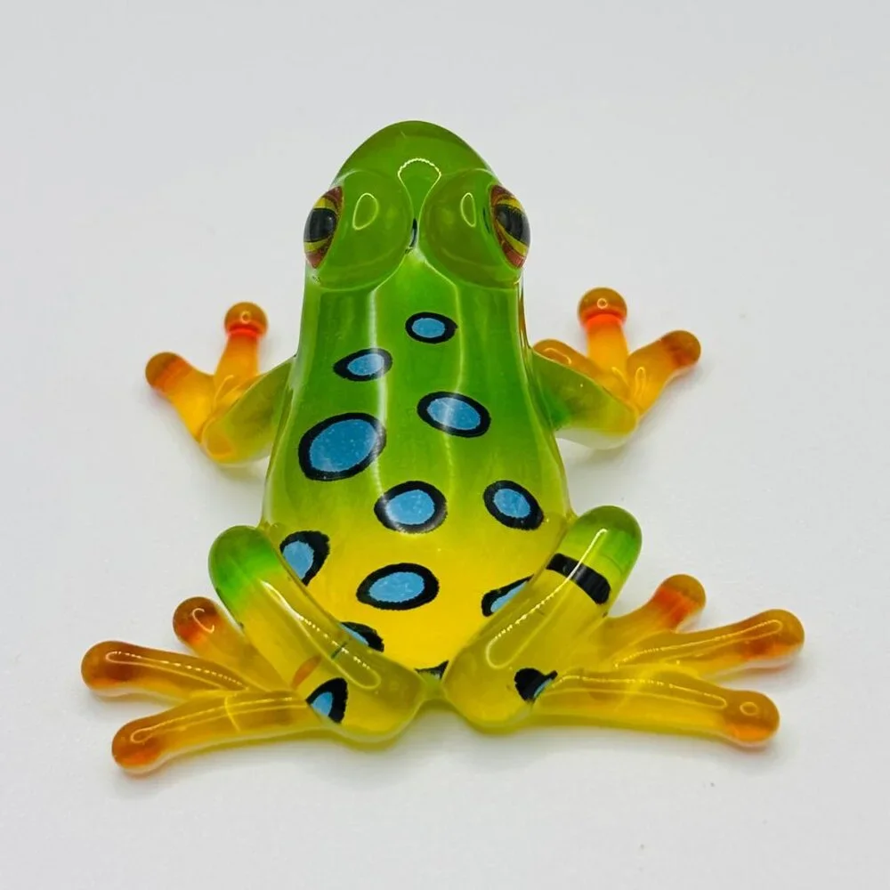 Glass Spotted Frog Figurine Green Yellow Decor